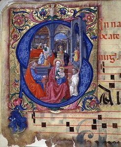 Ms 543 f.114v Historierad initial "S" med madonna och barn med tronföljd, från en psaltare, ca 1515 (pergament)