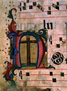 Ms 543 f.121v Historiserad initial "N" med det sanna korset, från en psaltare, ca 1515 (pergament)
