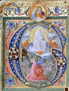 f.106v Historierad initial "G" med Jungfruns upptagande, från en missal (pergament)
