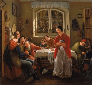 Tyska: Die Heimkehr des Freiwilligen aus den Befreiungskriegen zu den nach alten Sitte lebenden Seinen Frivilligens återkomst från befrielsekrigen till sin familj som fortfarande lever i enlighet med gamla seder av Moritz Daniel Oppenheim