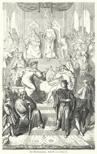 Sangerkrieg, en tävling mellan minstreler på slottet Wartburg i Thüringen 1207 (gravyr) av Moritz Ludwig von (after) Schwind