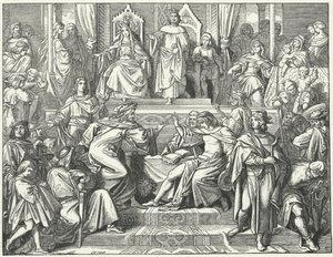 Sangerkrieg, en tävling mellan minstreler på slottet Wartburg i Thüringen 1207 (gravyr) av Moritz Ludwig von Schwind