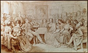 Kompositören Franz schubert ackompanjerar tenoren Johann Michael Vogl vid en musikalisk kväll på Baron von Spaun (Teckning av Moritz Ludwig von Schwind
