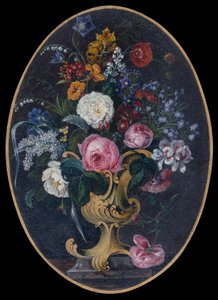 Rosor, lavendel, vallmo och blommor i en rokokokruka (gouache)