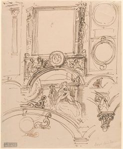 Arkitektoniska detaljer för en väggdekoration med kejsarinnan Maria Theresia som omfamnar den unge Wolfgang Amadeus Mozart av Moritz Ludwig von Schwind