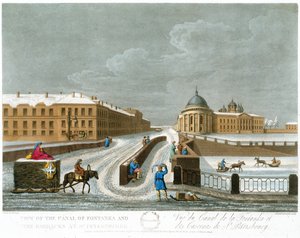 Vy över Fontanka-kanalen och barackerna, illustration för november från A Year in St. Petersburg etsad av John H. Clark, färgad av M. Dubourg. pub. 1815 i London av Edward Orme (färg lith