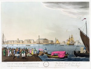 Vy över Neva, hamnen och utbytet i St. Petersburg, illustration för juni från "Ett år i St. Petersburg" etsad av John H. Clark, färgad av M. Dubourg, pub. 1815 i London av Edward O