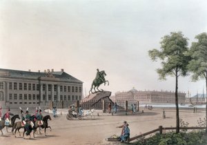 Vy över platsen för Peter den store och senatshuset i St. Petersburg, illustration för maj från "Ett år i St. Petersburg" etsad av John H. Clark, färgad av M. Dubourg, pub. 1815 i London f