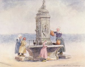 Vid fontänen, Concarneau (färglitografi) av Mortimer Ludington Menpes