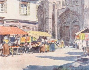 Utanför katedralen i Quimper (färglitografi) av Mortimer Ludington Menpes