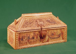 Bröstet som tidigare troddes ha innehållit det heliga döljet från Besancon, 1200-talet (trä målat med tempera på en förgylld bas)
