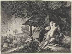 Herde och herdinna skyddar från en storm av Moyses van Wtenbrouck