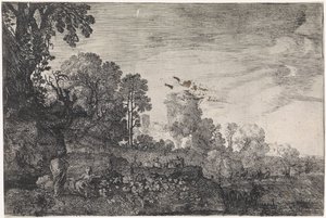 Landskap med en flock på en bro Arkadiska landskap (serietitel) av Moyses van Wtenbrouck