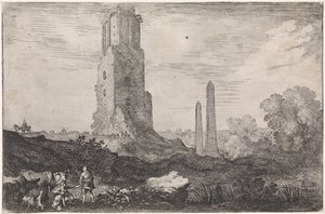 Landskap med två obelisker och "Torre delle Militia" Arkadiska landskap (serietitel) av Moyses van Wtenbrouck