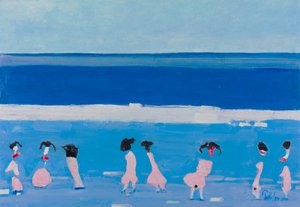 Rosa figurer på den blå stranden