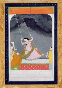 En dam på en gunga, Kangra, Punjab hills c.1790 (ogenomskinlig wc på papper)