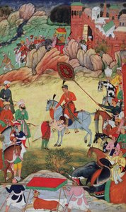 Adham Khan hyllar Akbar i Sarangpur, Centrala Indien, 1560 eller 1561, från Akbarnama, 1590-98