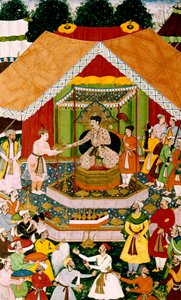 Akbar och Azim Khan i Dipalpur, ca 1590-95 av Mughal School