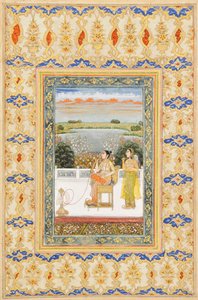 Albumsida: Gulbadan Begum röker på en terrass, Delhi, ca 1800 av Mughal School