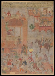 Anushirvan lägger grunden för Ctesiphon vid en gynnsam timme, Manuskriptfolio, ca 1560-1565 (ogenomskinlig akvarell, bläck och guld på tyg, monterad på kartong) av Mughal School