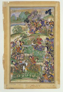 Kejsar Akbar (r.1556-1605) vid slaget vid Samal 1572, från Akbarnama tillverkad av Abul Fazi, 1590-98 (ogenomskinlig wc & guld på papper)