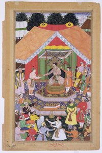 Kejsar Akbar (r.1556-1605) underhölls av sin fosterbror Azim Khan i Dipalpur, Punjab, 1571, från Akbarnama tillverkad av Abul Fazi, 1590-98 (ogenomskinlig wc & guld på papper) av Mughal School