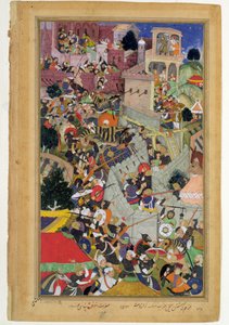 Kejsar Akbar (r.1556-1605) skjuter Saimal vid belägringen av Chitov 1567, från Akbarnama tillverkad av Abul Fazi, 1590-98 (ogenomskinlig wc & guld på papper) av Mughal School