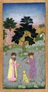 Falkonerare med följeslagare och husdjursgepard, från Small Clive Album, c.1610-15 (ogenomskinlig wc på papper) av Mughal School