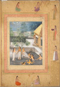 Harem nattbadscen (recto): Kalligrafi inramad av en prydnadskant av blommor och fåglar (terso), ca. 1650 (bläck och färg på papper) av Mughal School