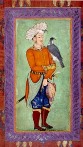 Indisk konst: representation av en uzbekisk prins som håller en hök för jakt, å andra sidan ett dött byte. Akvarell från Moghole-perioden från ett manuskript av Mughal School