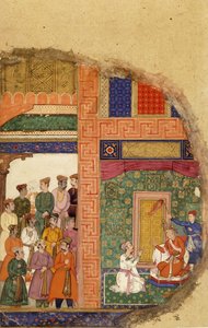 Kung Dasaratha samtalar med familjeprästen om Ramas regentskap inne i palatset, medan hovmän och ministrar väntar på borggården, ca 1595 av Mughal School