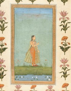 Dam som håller en blomma, står vid en liljedamm, från Small Clive Album (ogenomskinlig wc på papper) av Mughal School