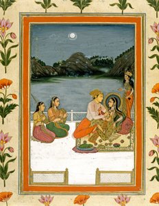 Älskare på en terrass vid en månbelyst sjö, från Small Clive Album (ogenomskinlig wc på papper) av Mughal School