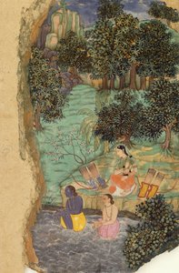 Rama och Lakshmana erbjuder vatten till sin döda far på stranden av floden Mandakini, ca 1595 av Mughal School