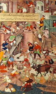 Röda fortet i Agra under uppbyggnad, från "Akbarnama", mogulernas av Mughal School