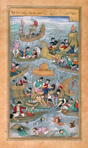 Sultan Bahadur och Rumi Khan hoppar i havet när de är omgivna av portugisiska båtar, från Akbarnama av Mughal School