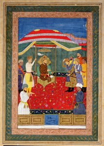 Mughal-kejsaren Babur (1526-30) sitter på en tron och tar emot en prins, Johnson Album I, nr 3 numrerad 65 av Mughal School