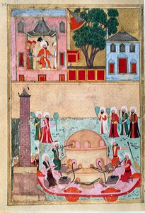 Glasblåsningsshow i Constantinople Racecourse Sidan hämtad från smeknamnet-i Humayun (Efternamn i Humayun) eller "Boken om festligheter" (ms. hazine 1344) illustrerad av Osman. cirka 1582 (Istanbul) Istanbul, Topkapi Seray av Mughal School Osman
