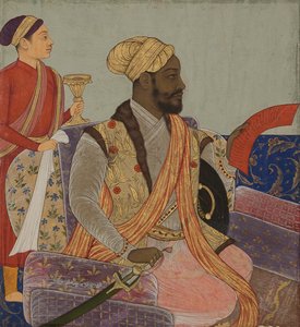 Den ädle Ikhlas Khan med en petition, ca 1650 (opak akvarell  guld på papper) av Muhammad Khan
