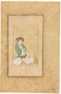 Ungdom sitter vid en pil, illustration på en sida, ca. 1600-1650. av Muhammad Yusuf