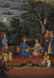 Avsnitt från den indiska prinsessans berättelse: Kung Turktazīs besök i den magiska trädgården i Turktaz, älvornas drottning, MS OR.2265, f.221v av Muhammad Zaman