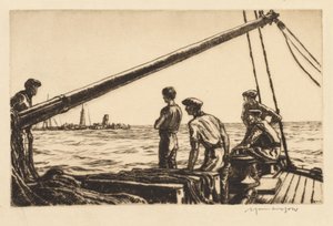 Räddningsmanskap närmar sig ett torpederat fartyg av Muirhead Bone