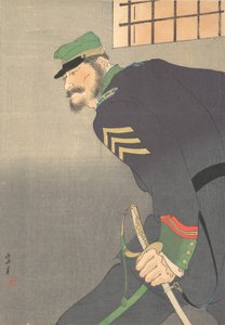 Tryck, [soldat med svärd], ca. 1906. av Munakata