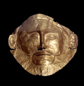 Begravningsmask i mykenskt guld (av Mykenes) känd som "Mask of Agamemnon""