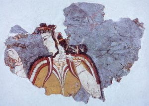 Damen av hovet, fresk från Mycenae Palace (Grekland), mykensk civilisation