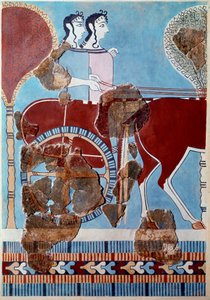 Mykensk konst: par på en tank. Fragment av fresk från Tiryns palats och rekonstitution av Mycenaean