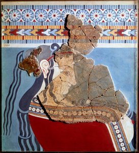 Mykensk konst: kvinnlig byst. Fragment av fresk från Tiryns palats och rekonstitution av Mycenaean
