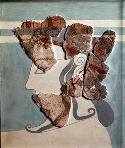 Mykensk konst: feminint huvud. Fragment av fresk från Tiryns palats av Mycenaean