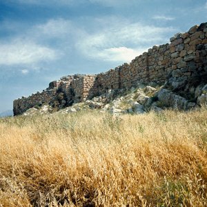 Mykensk konst: utsikt över ruinerna av muren i Tiryns Staden byggdes omkring 1200 f.Kr. Grekland av Mycenaean