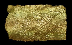 Bladguldhölje för glasvasformad plakett av Mycenaean